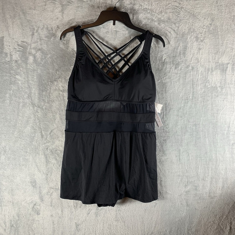 Bleu Rod Beattie Womens Swimsuit 16W Swim Dress Black Mesh With Me Skirted NWT